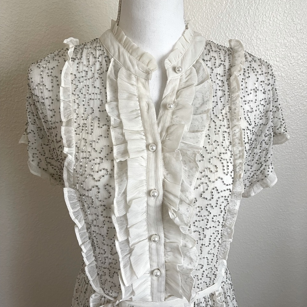 TopShop beaded dress with slip belt buttons pearls shear chiffon ruffle rushed